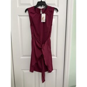 Prettygarden Dark Pink Wrap Dress Small NWT Short Sleeve Tie Front Silk Look